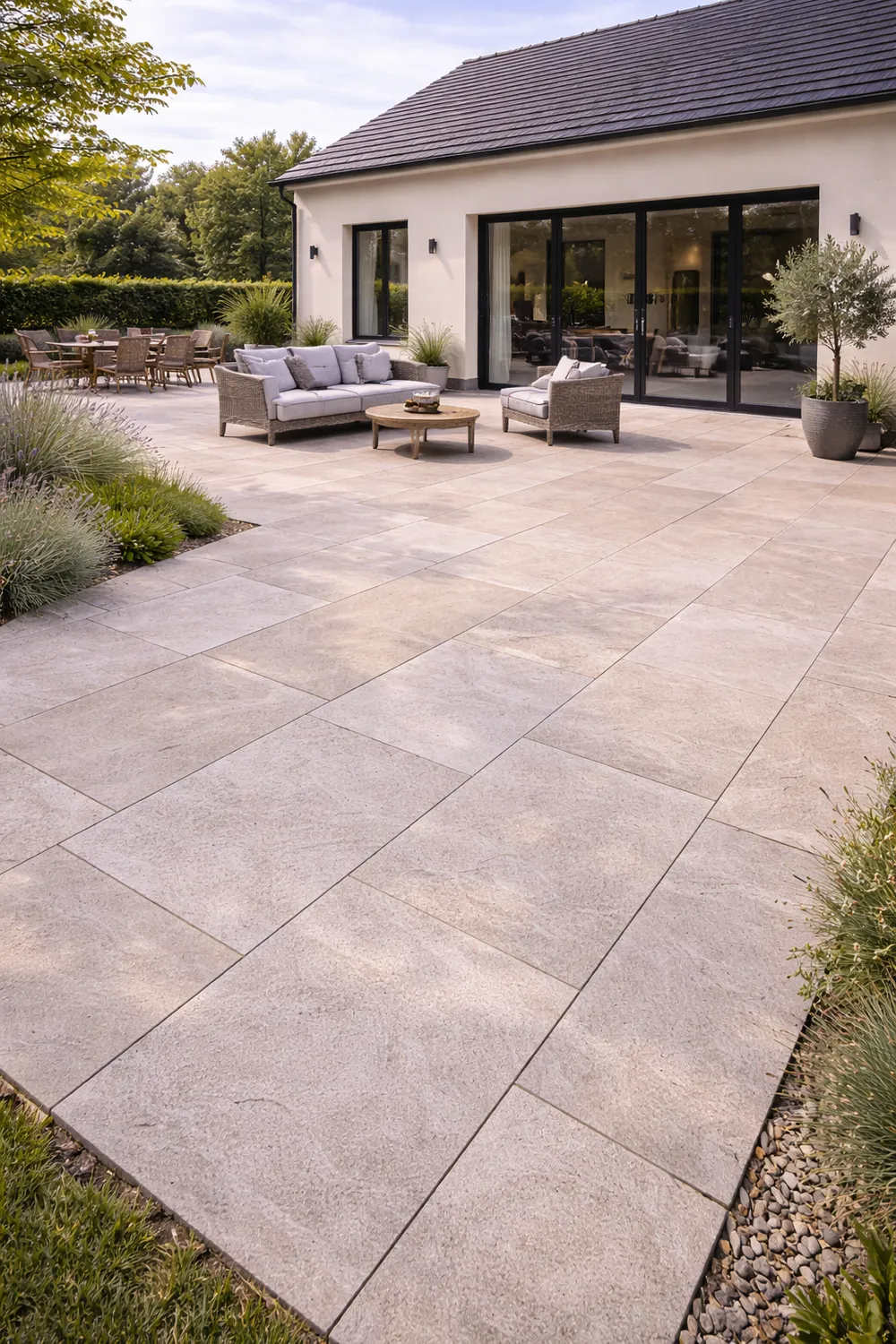 Terrasse minérale en pierre naturelle et dalles béton en Île-de-France
